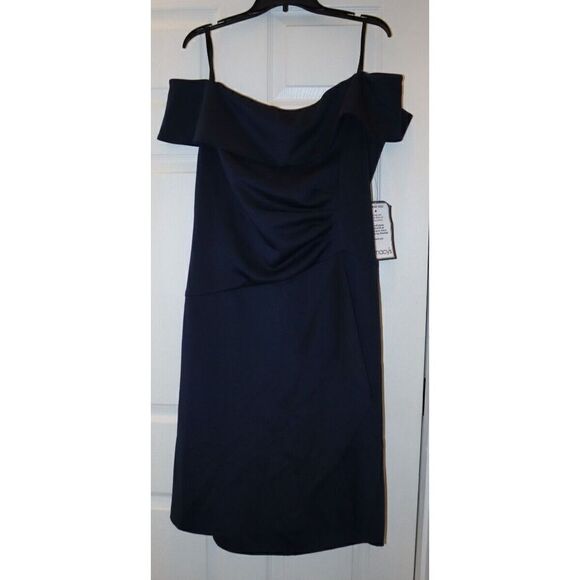 Xscape 3759XW Plus Sz 20W Midnight Navy Off-the-Shoulder Ruched Midi Dress $219 - Picture 1 of 7